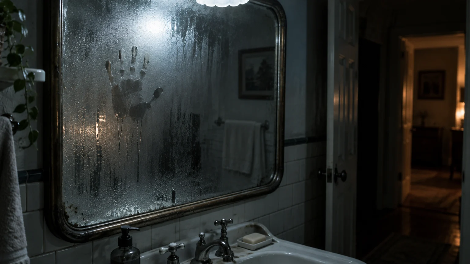 A single unexplained handprint appears on a fogged bathroom mirror.