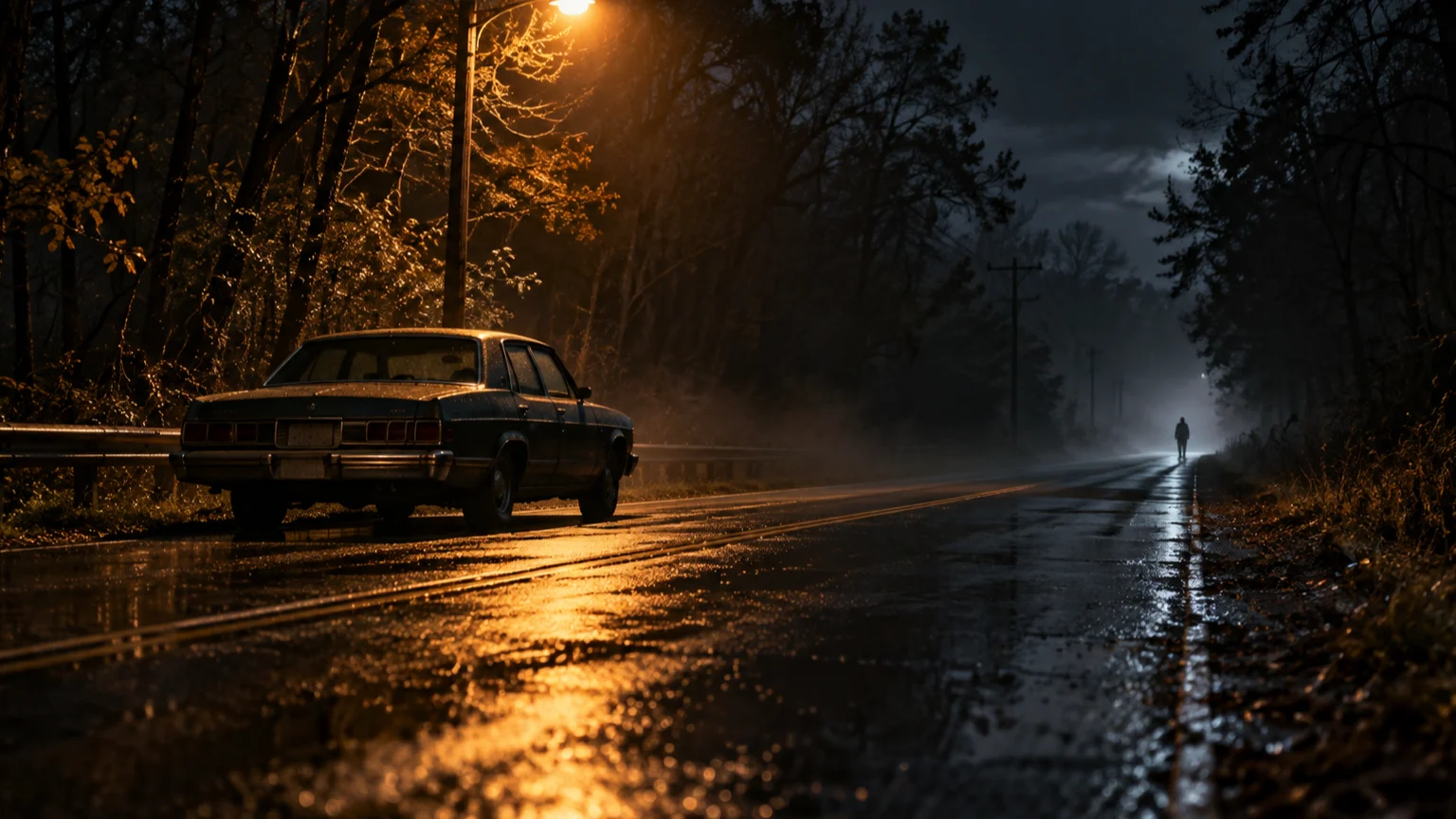 An abandoned car sits on a wet rural road as a distant figure emerges from fog.