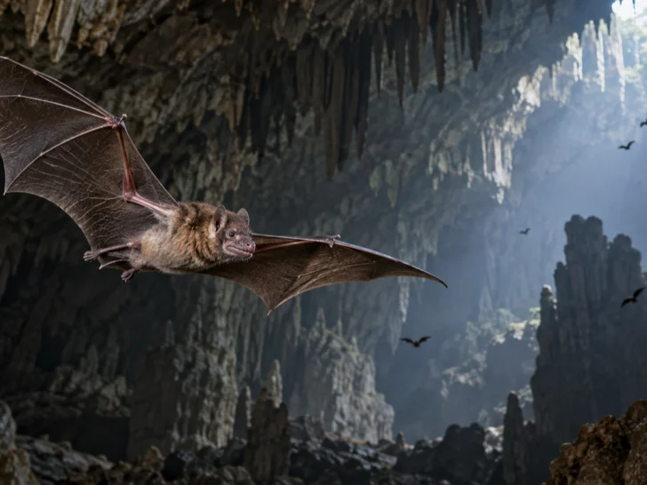 A vampire bat flies through a limestone cave lit by a shaft of daylight.