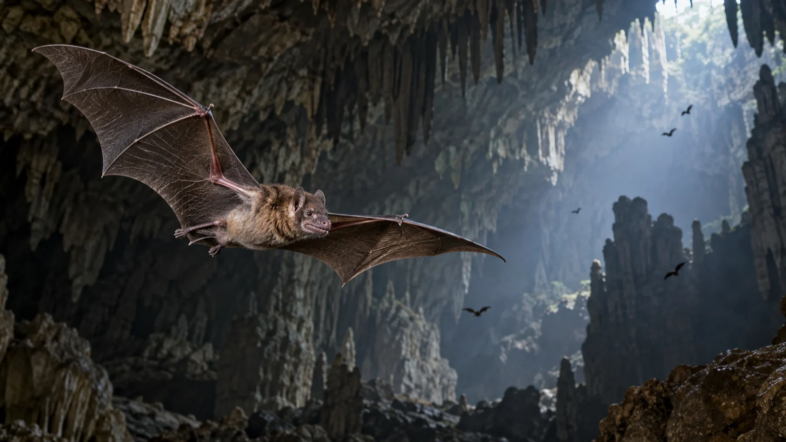 A vampire bat flies through a limestone cave lit by a shaft of daylight.
