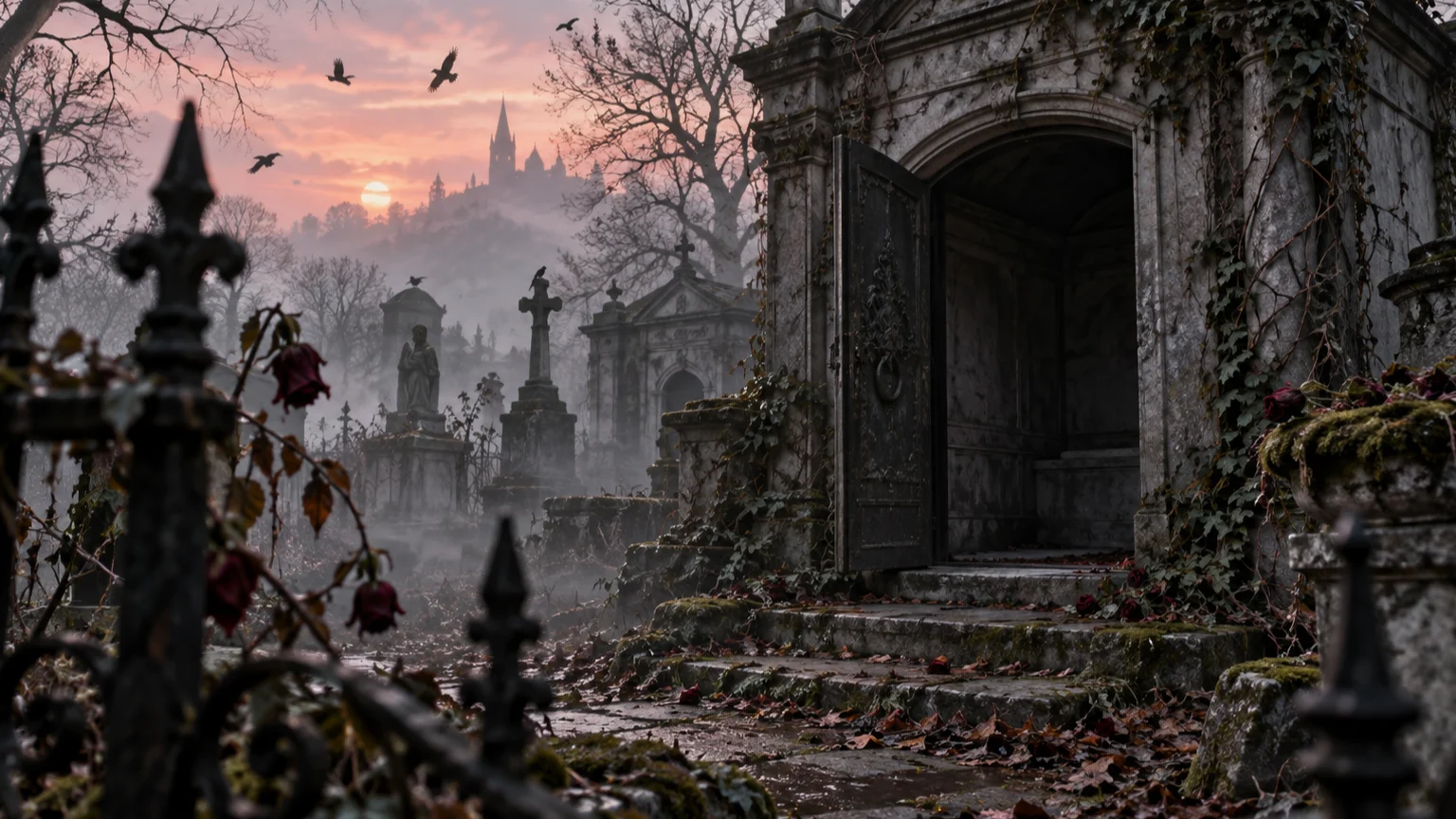 An empty stone crypt stands open in a misty old cemetery at dawn.