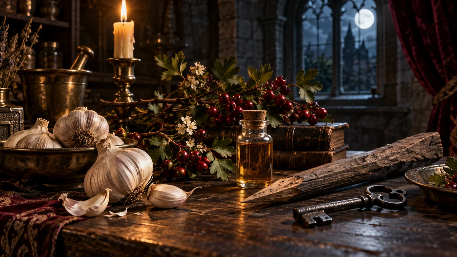 Garlic, hawthorn, a wooden stake, and an iron key rest on an apothecary table.
