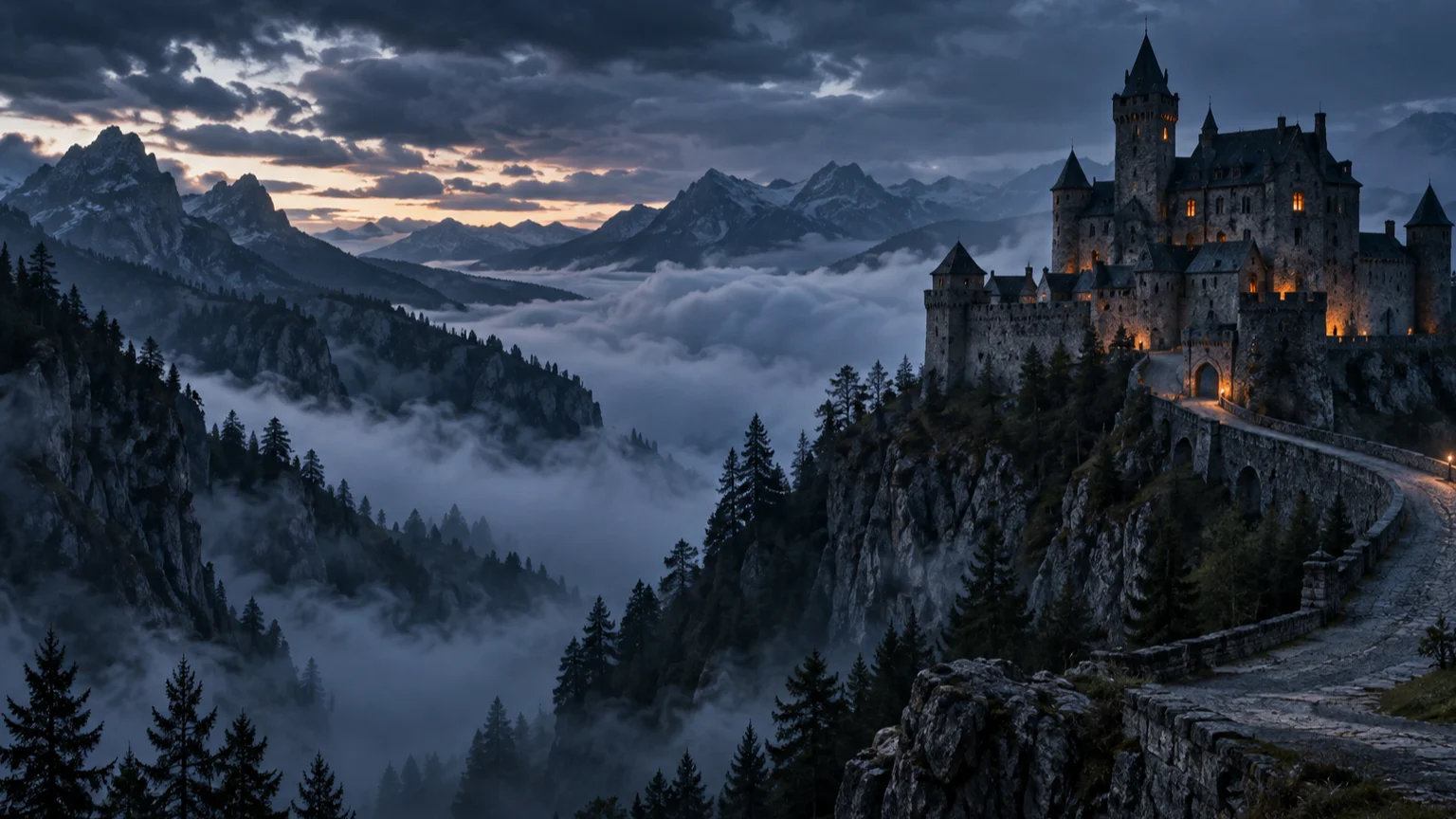 An ancient stone castle overlooks fog-filled mountain valleys at twilight.