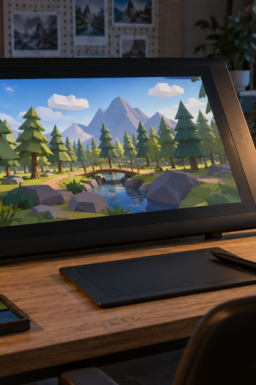 An original low-poly forest environment fills a pen display in a game art studio.