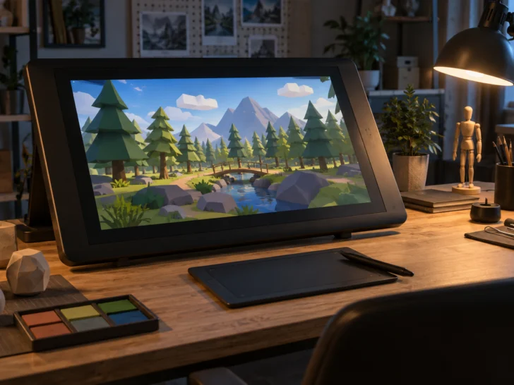 An original low-poly forest environment fills a pen display in a game art studio.