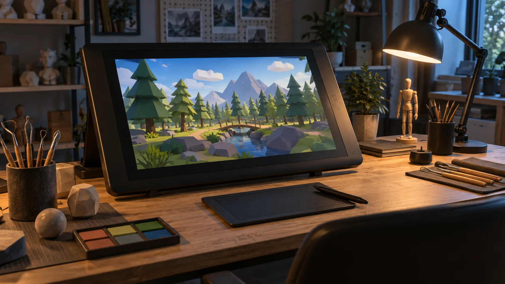 An original low-poly forest environment fills a pen display in a game art studio.