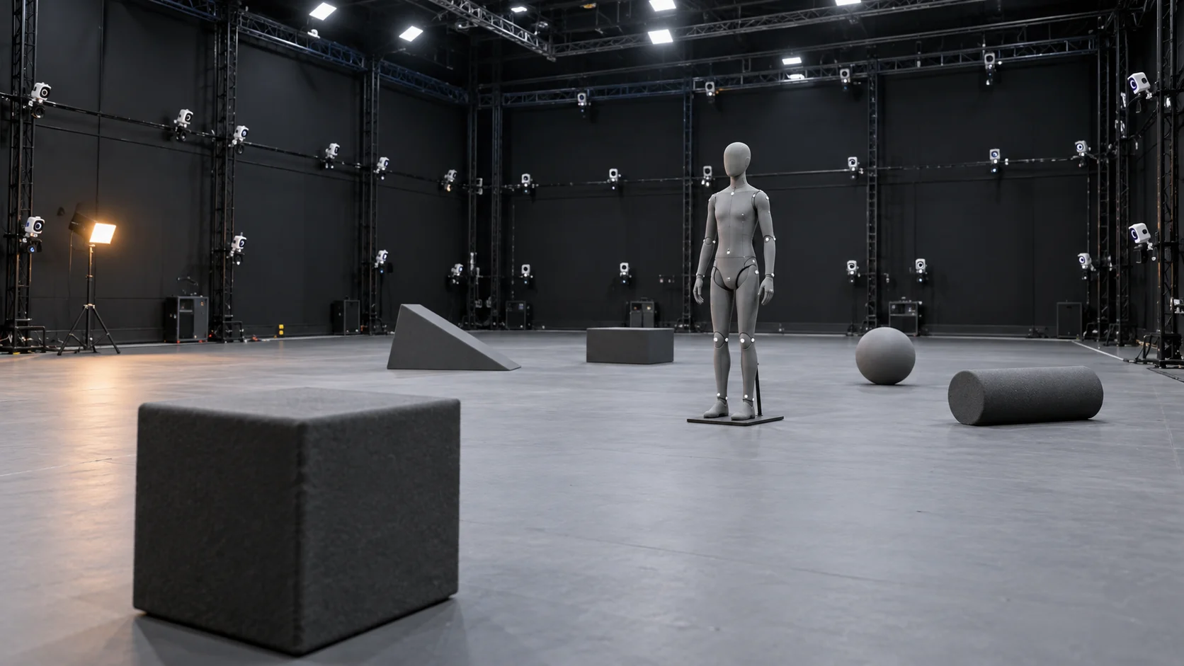A jointed mannequin and foam props stand inside an empty motion-capture studio.