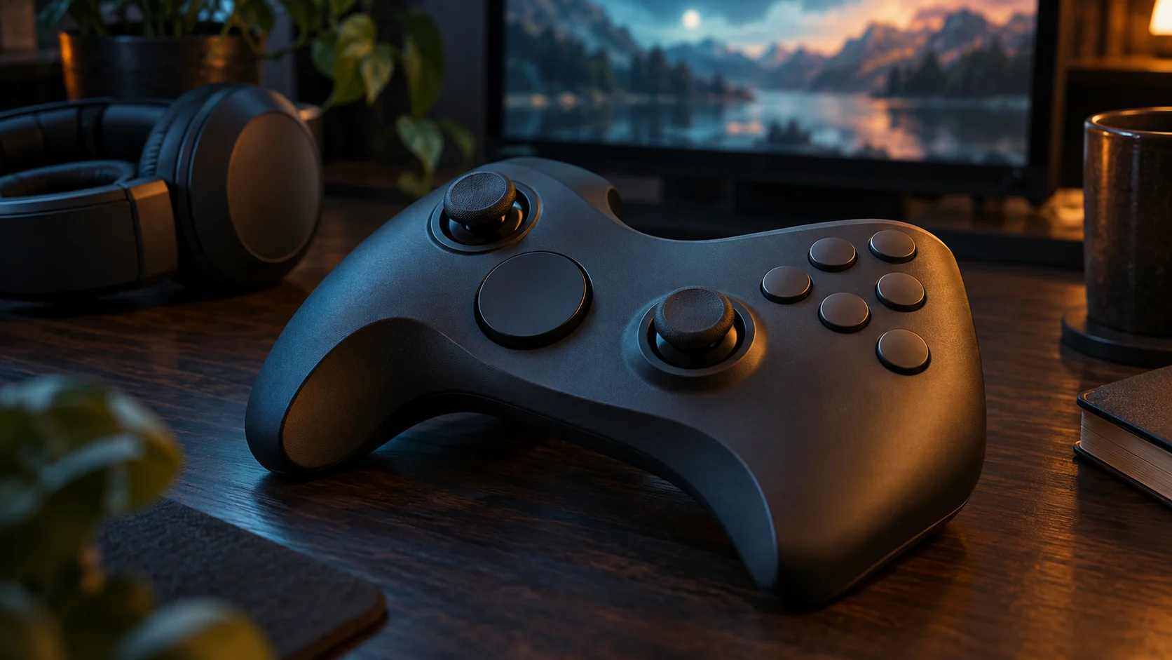 An original blank-button game controller rests beside headphones on a dark desk.