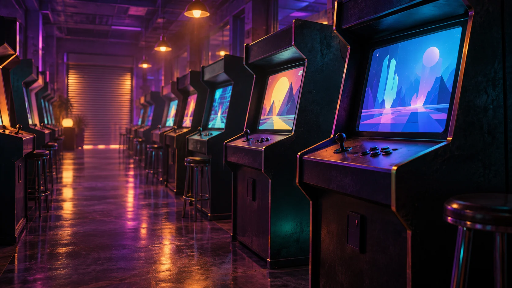 Abstract game worlds glow across a row of unbranded arcade cabinets.