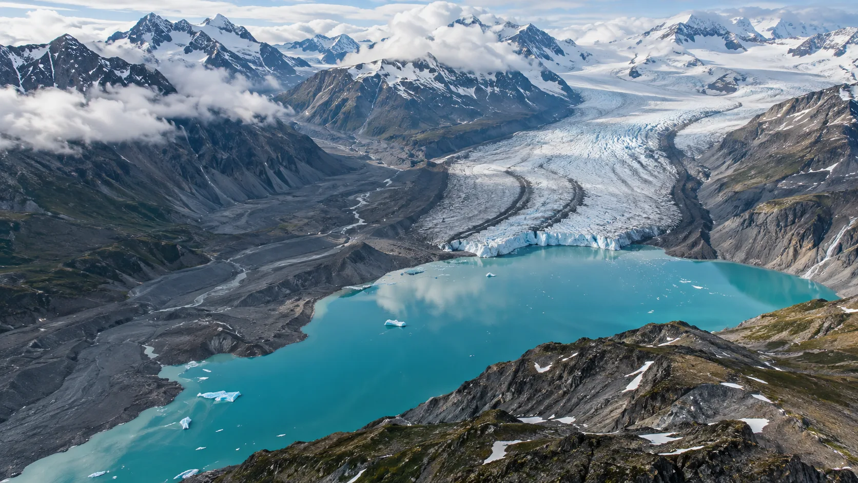 Retreating mountain glacier above a turquoise lake