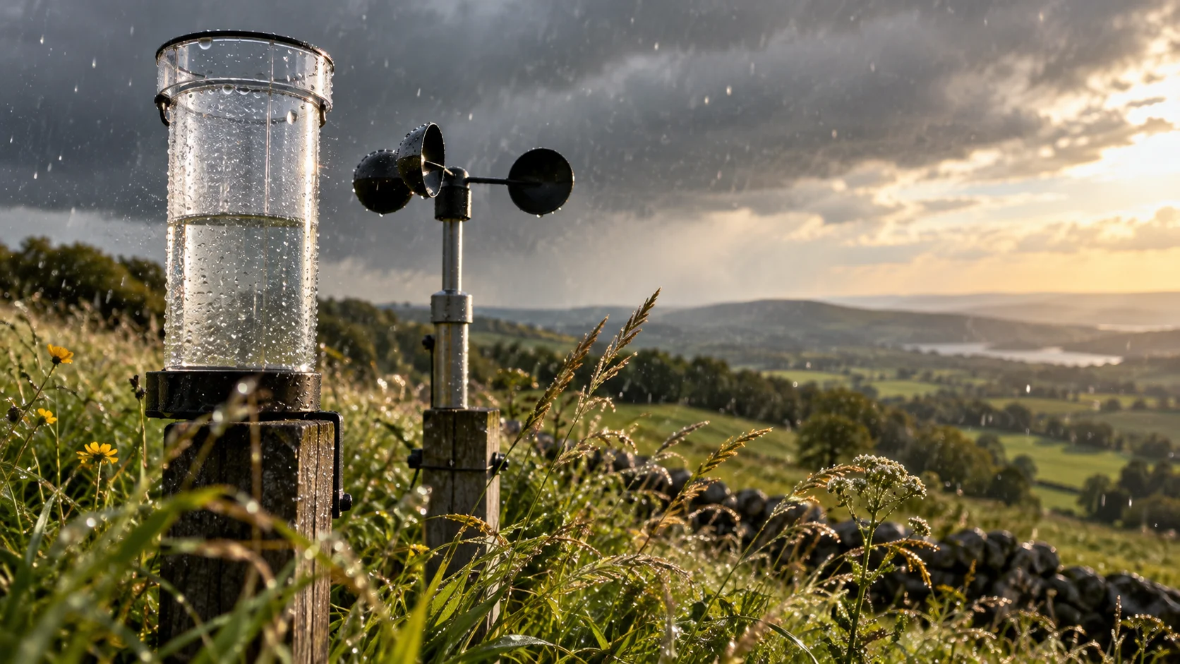 Rain gauge and anemometer during a sun shower