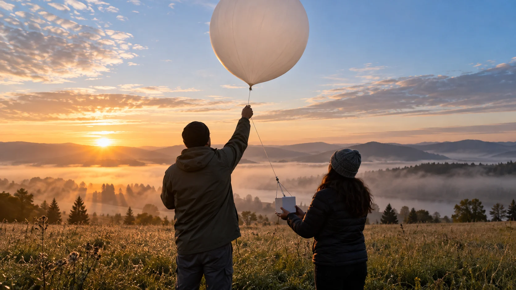 Researchers releasing a weather balloon at sunrise