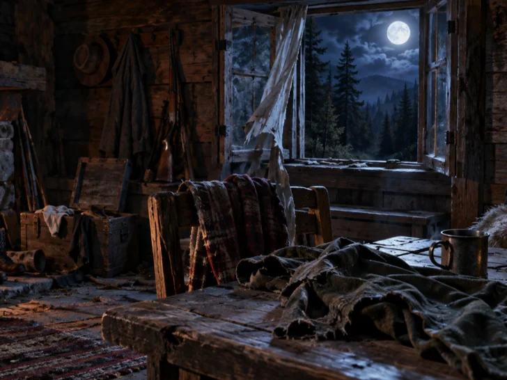 Moonlight enters an abandoned cabin marked by torn clothing and claw scratches.