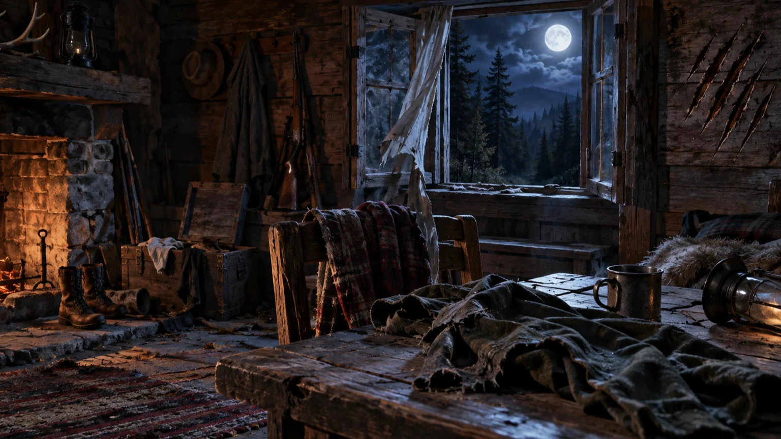 Moonlight enters an abandoned cabin marked by torn clothing and claw scratches.