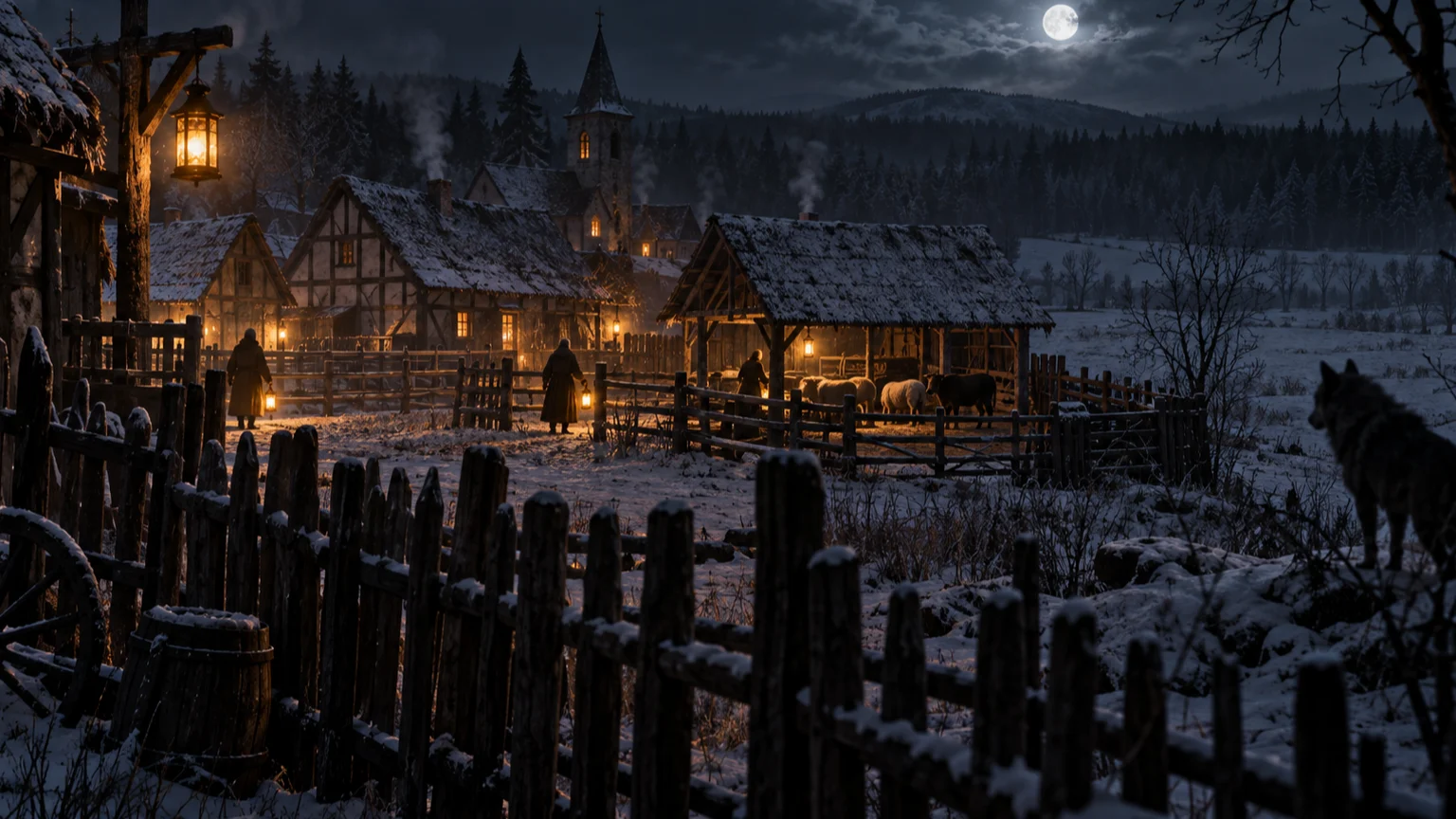 A moonlit medieval village glows with lanterns as a distant wolf watches beyond the fence.