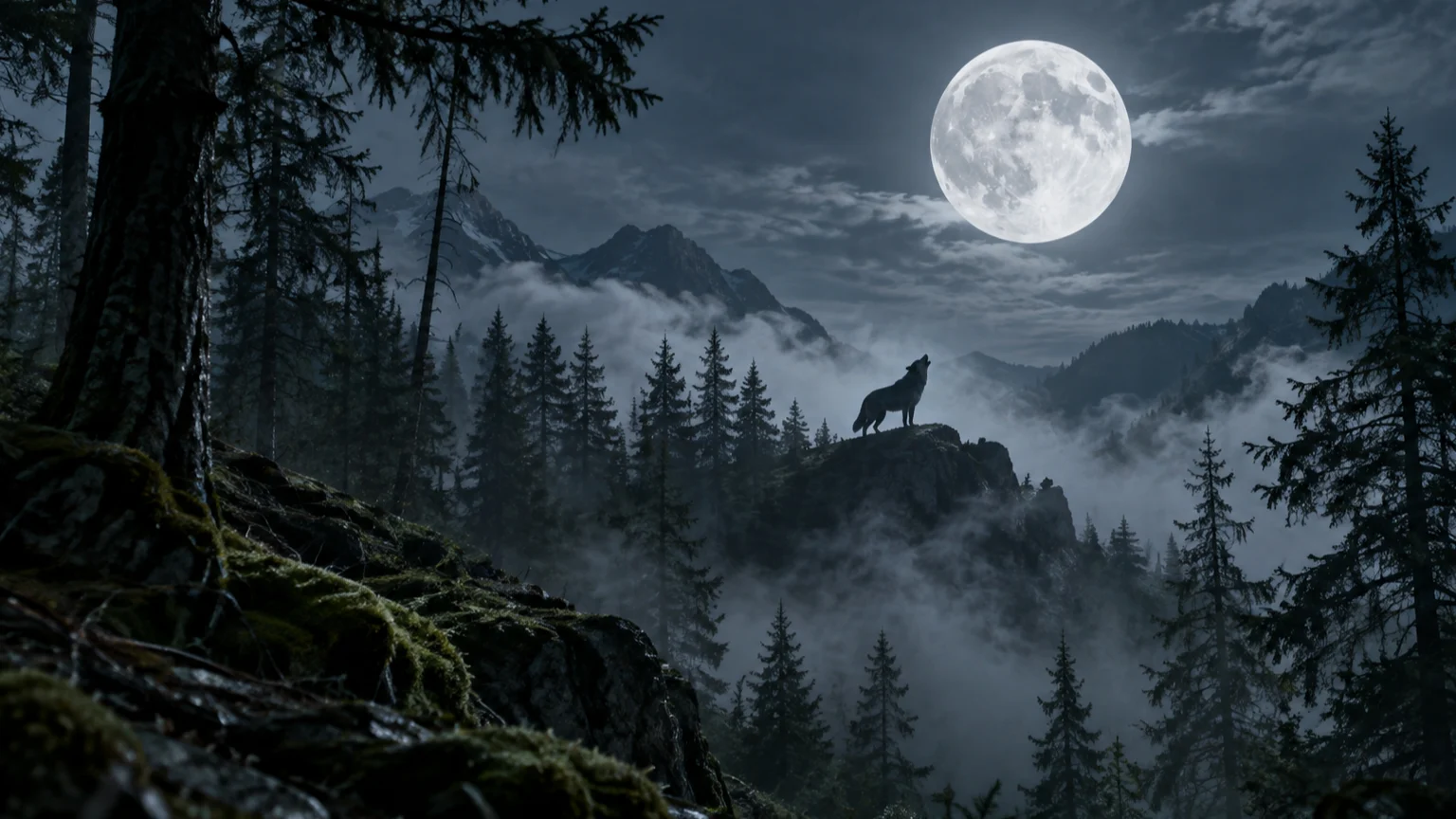A lone wolf-like silhouette stands on a misty forest ridge beneath a full moon.