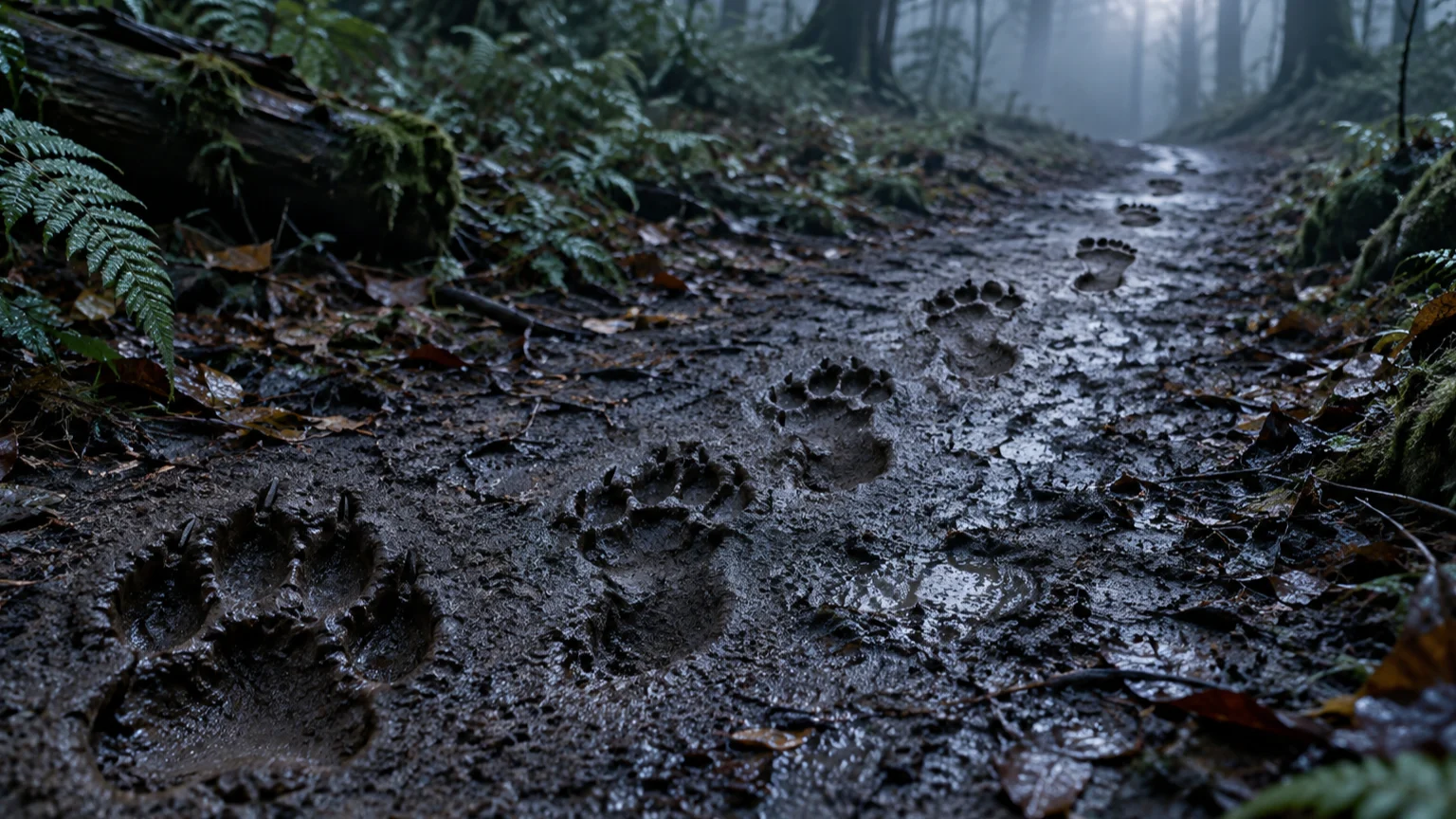 Wolf paw prints gradually become human footprints on a muddy forest path.