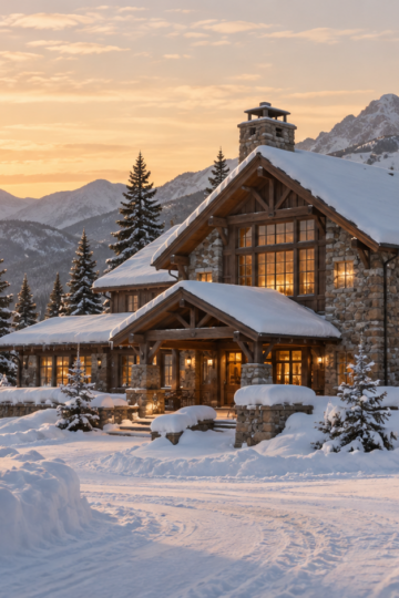 A snow-covered mountain lodge glows at sunrise.