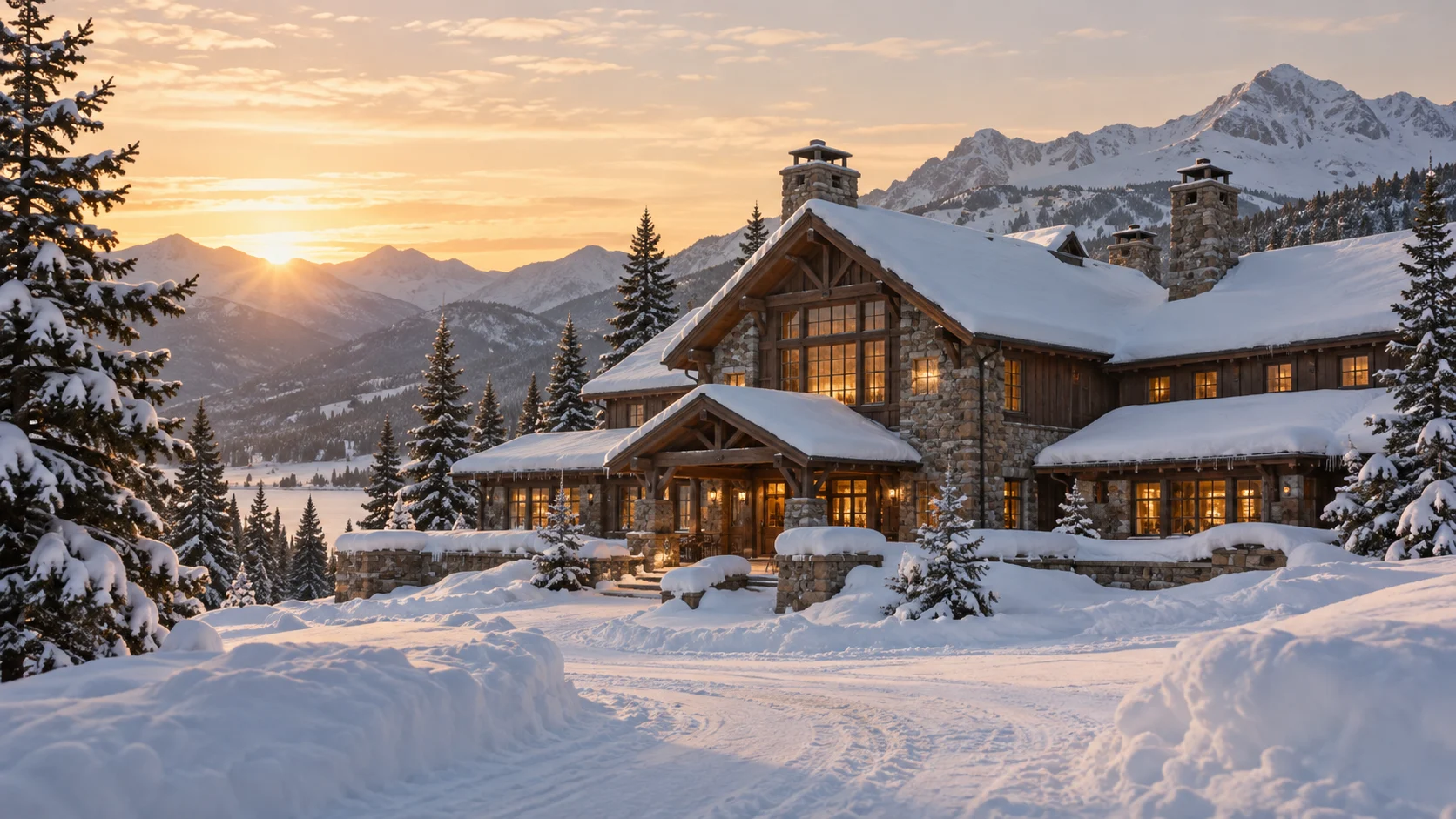 A snow-covered mountain lodge glows at sunrise.