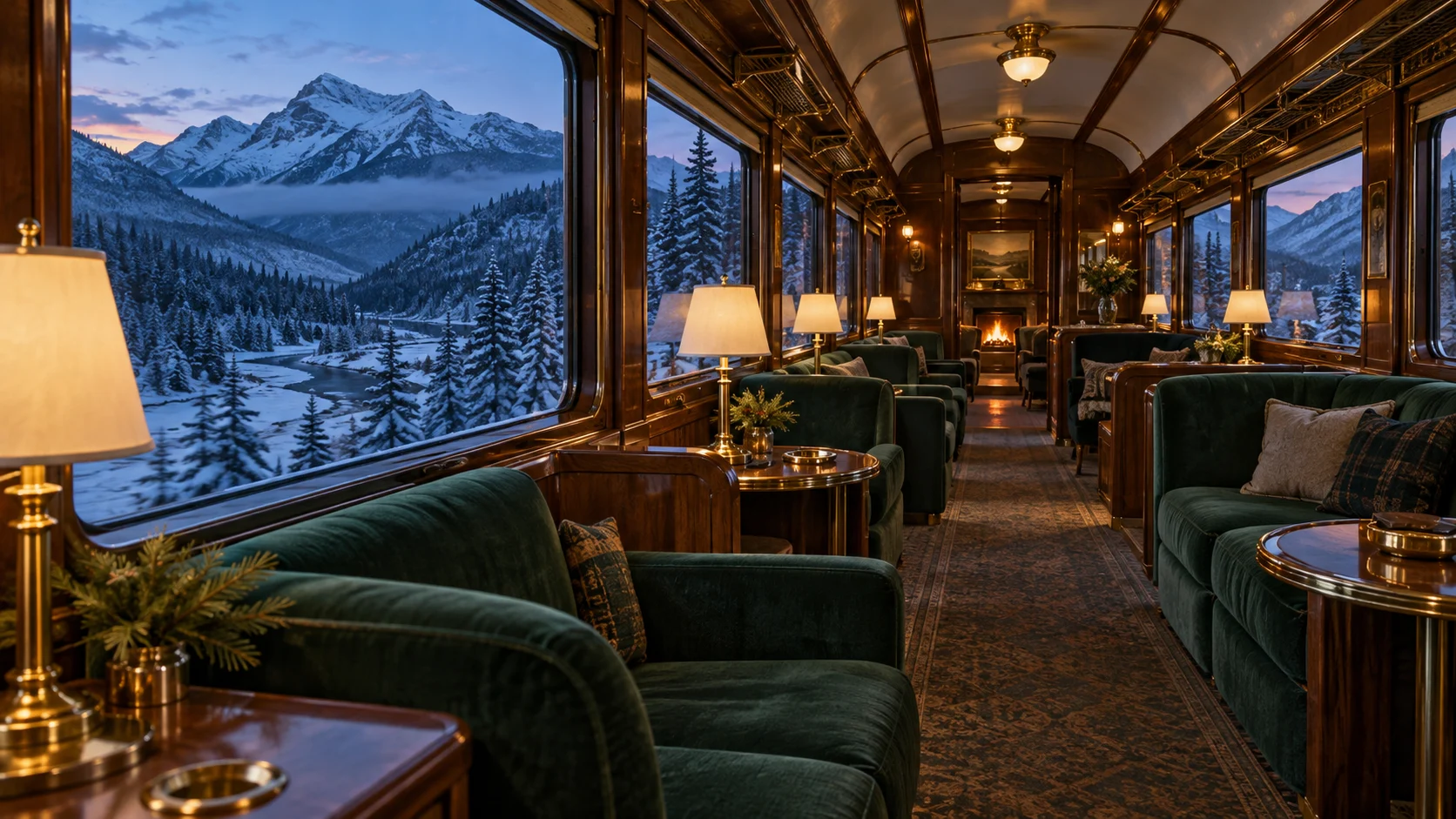 An empty mid-century train lounge overlooks snowy mountains.