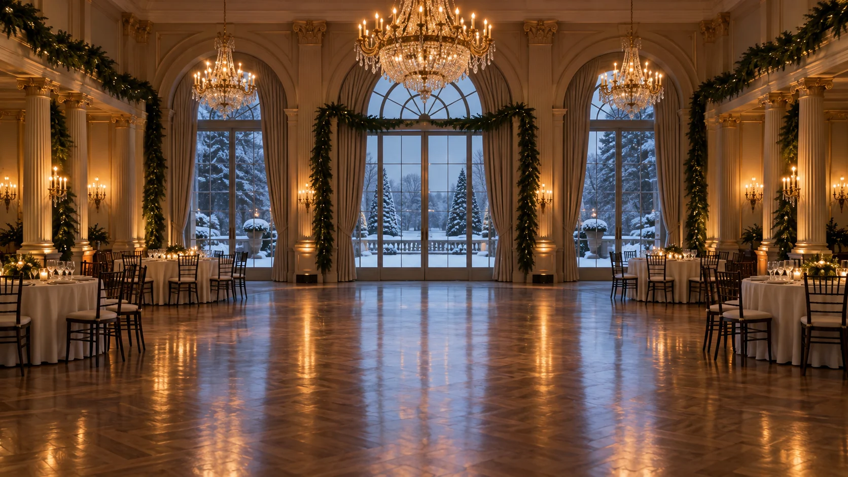 An elegant winter ballroom stands ready at blue hour.