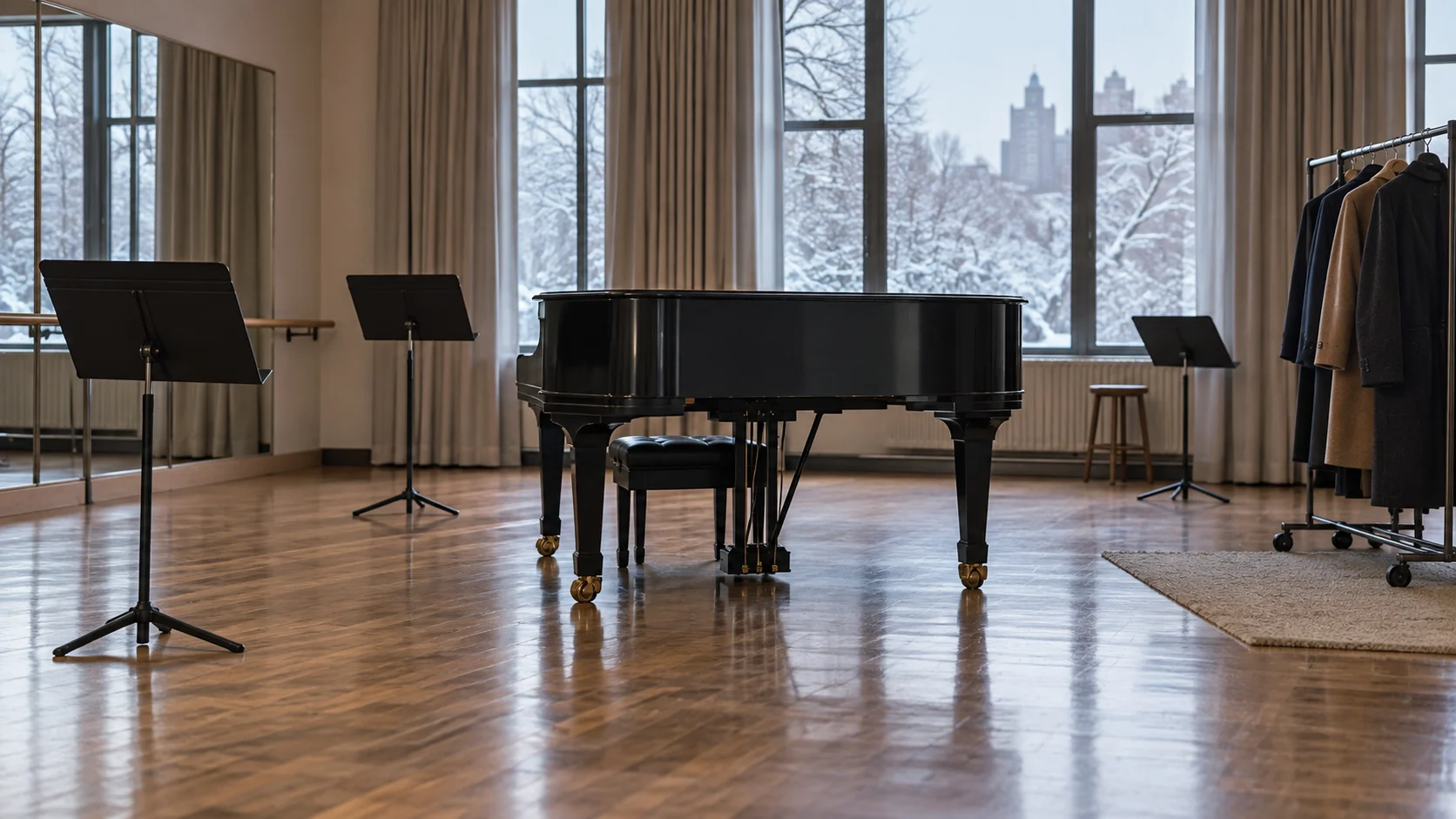 An empty winter rehearsal studio with a piano and music stands.