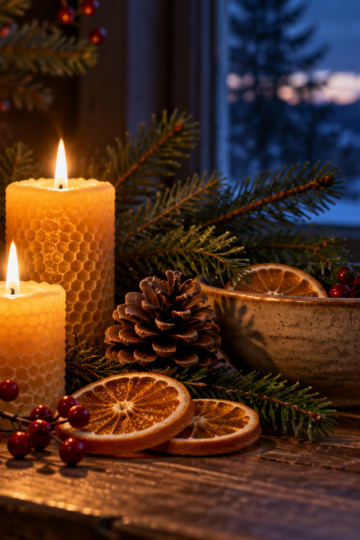 Beeswax candles glow among evergreen branches and dried oranges.