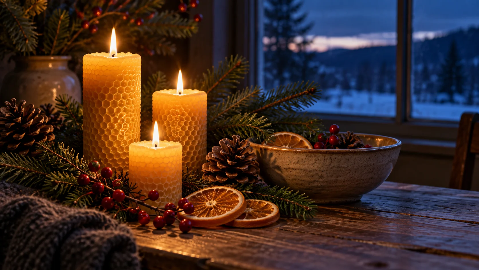 Beeswax candles glow among evergreen branches and dried oranges.
