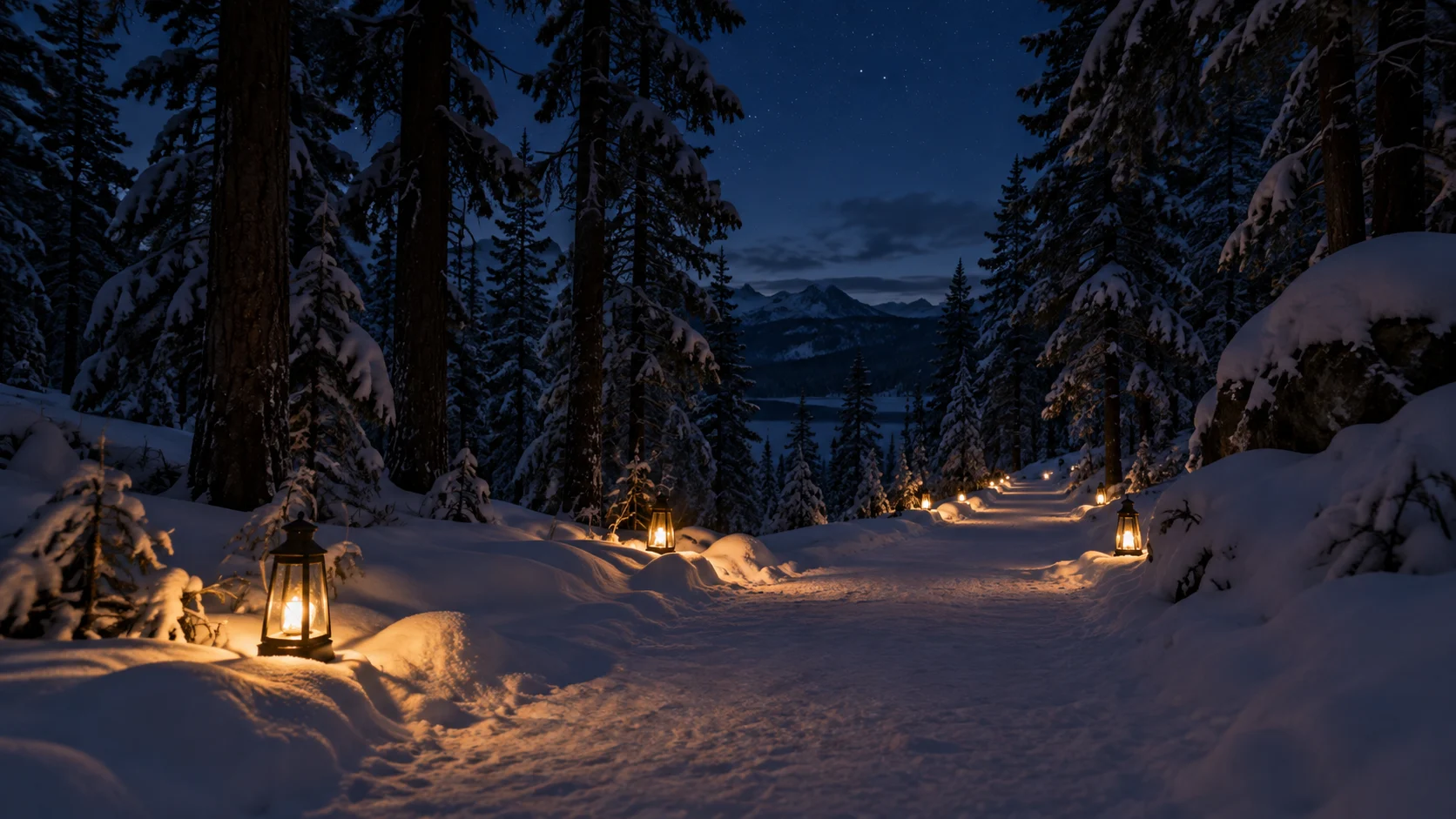 Lanterns illuminate a snowy forest path beneath the night sky.