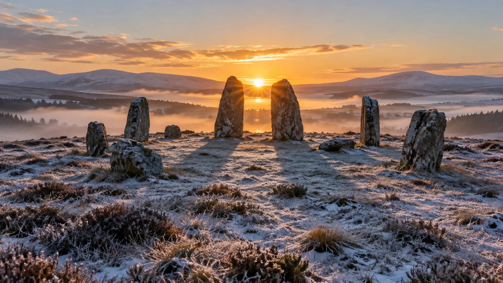 Winter sunrise aligns between standing stones on a frosty moor.