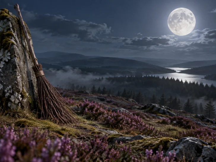 Handmade birch broom leaning on a mossy standing stone beneath the moon