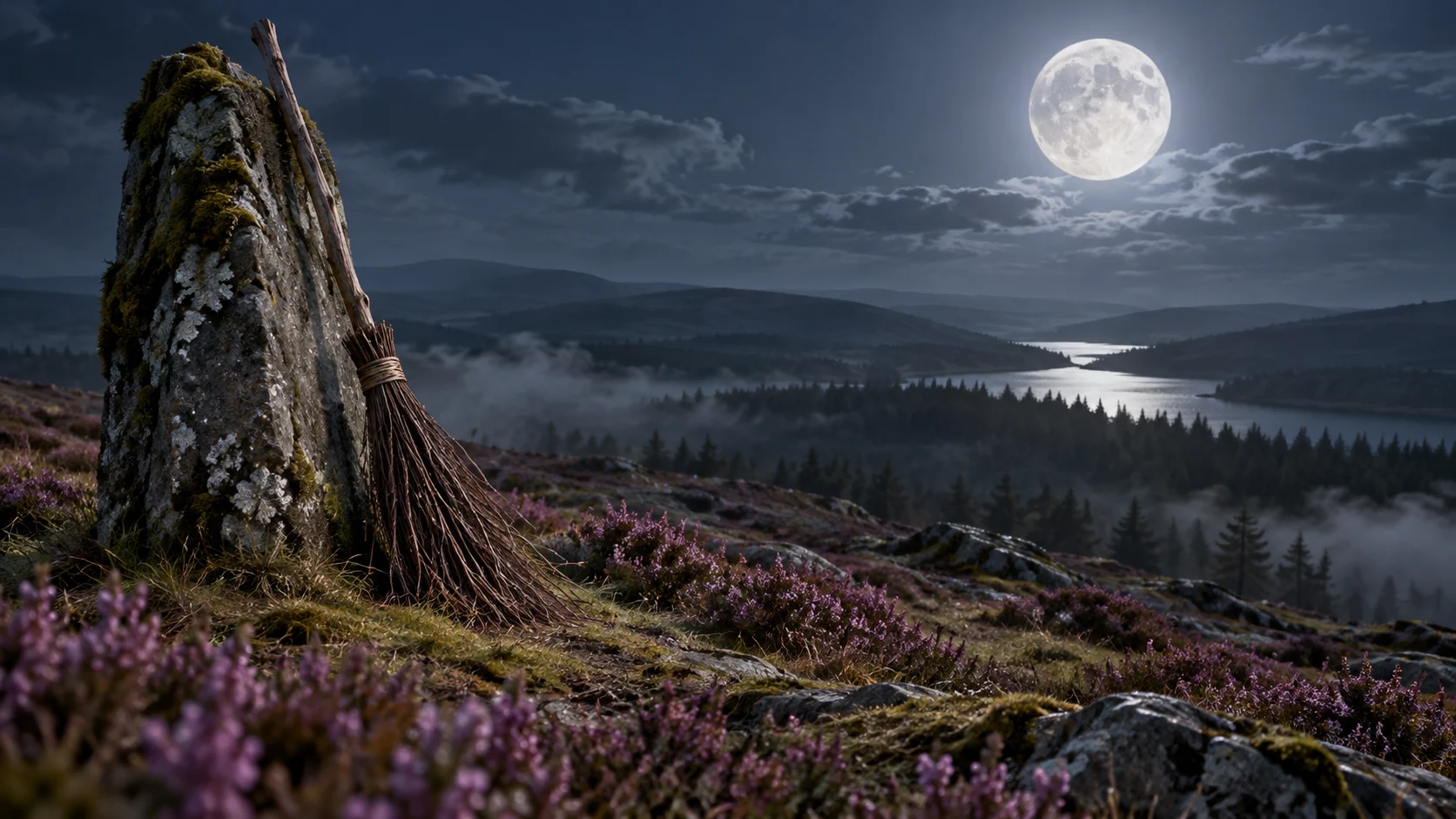 Handmade birch broom leaning on a mossy standing stone beneath the moon