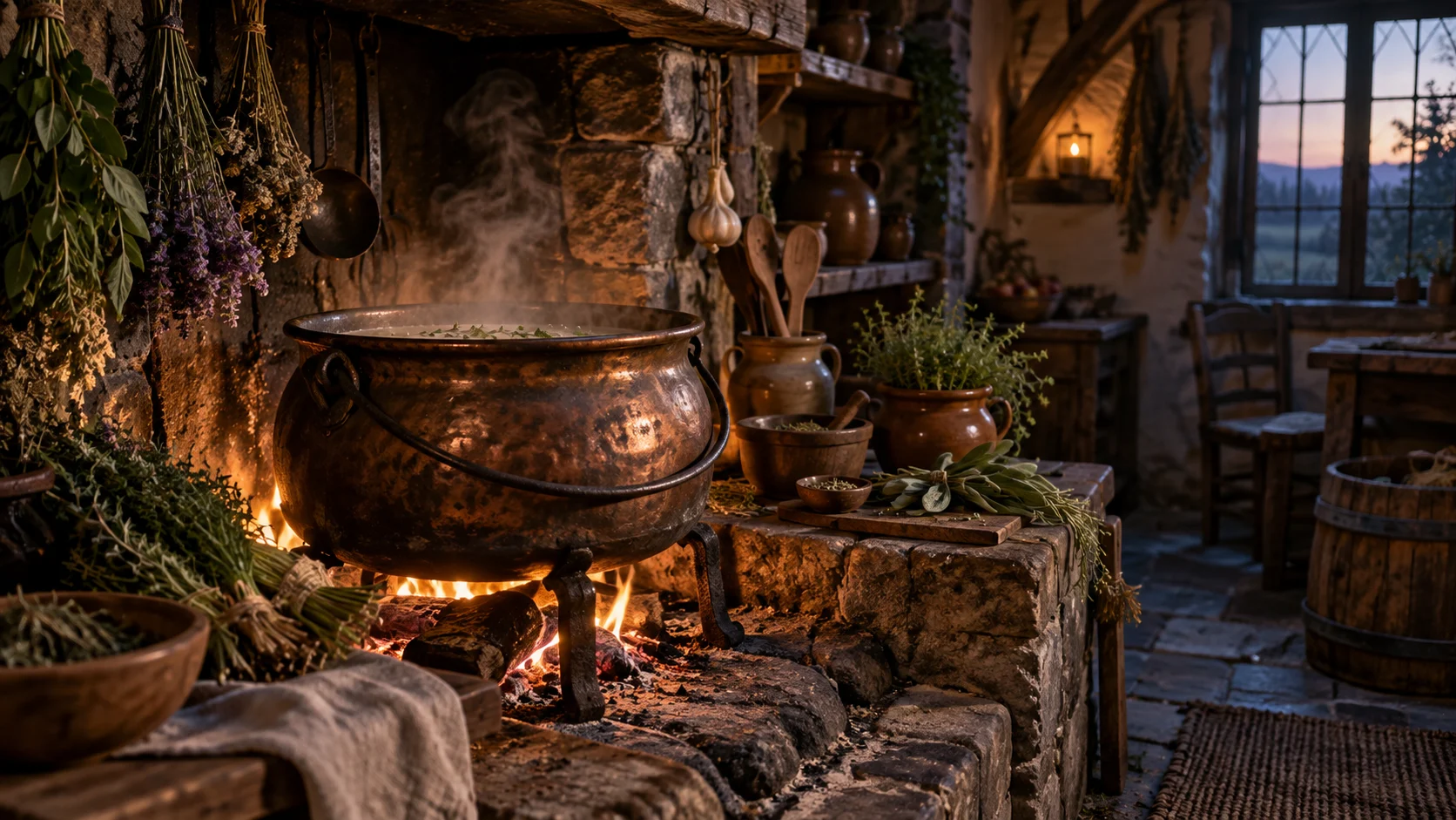 Copper cauldron simmering over a rustic cottage hearth