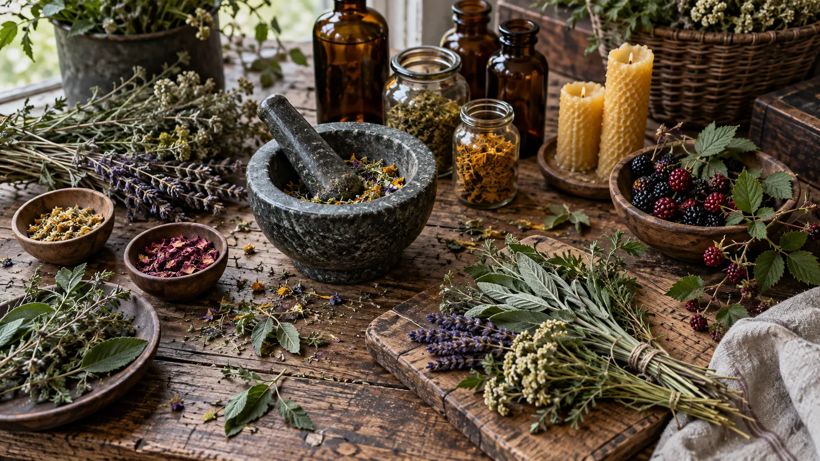 Herbs, mortar, amber bottles, candles, and berries on a wooden worktable