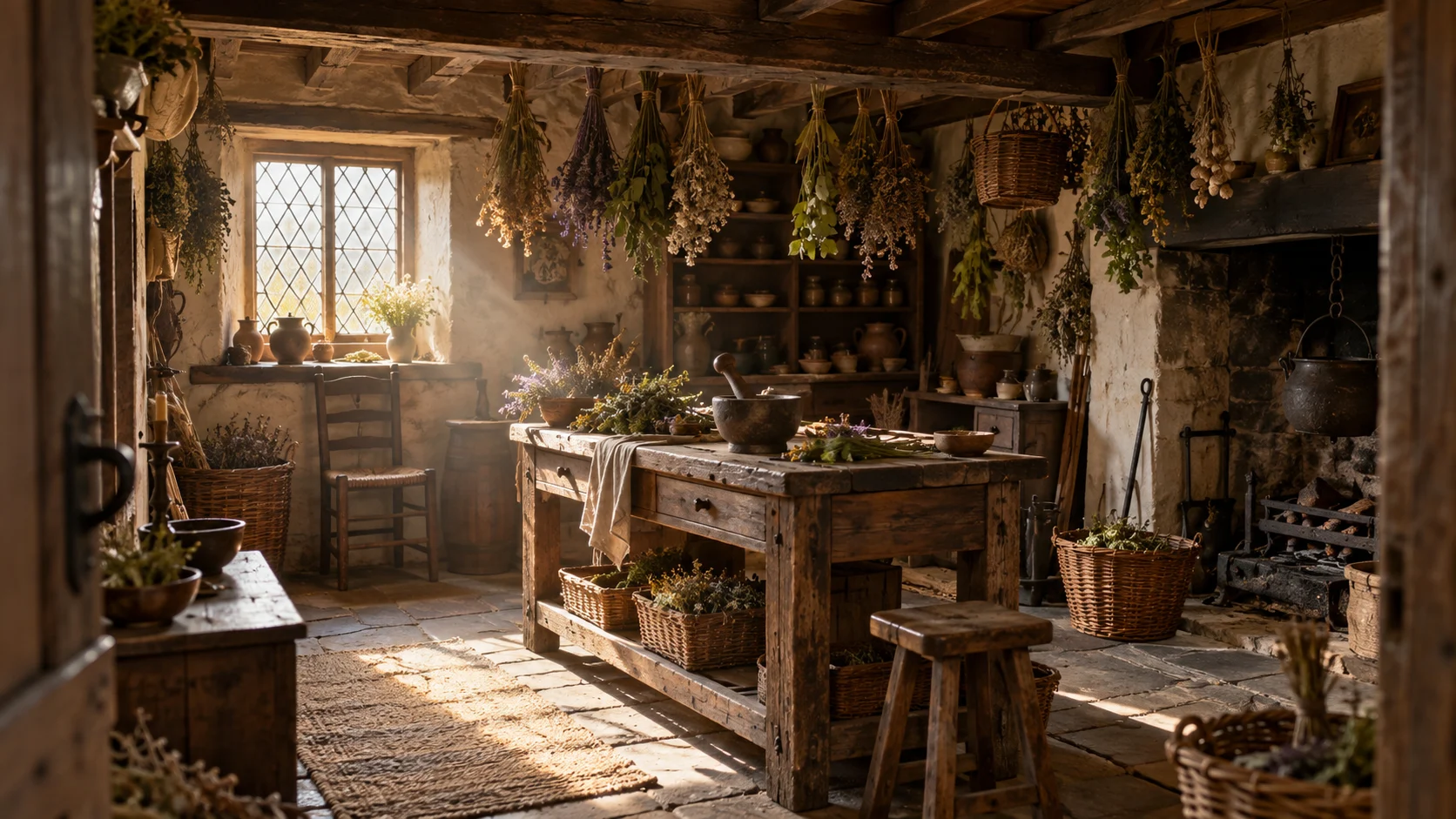 Sunlit historical cottage interior arranged for herbal remedies
