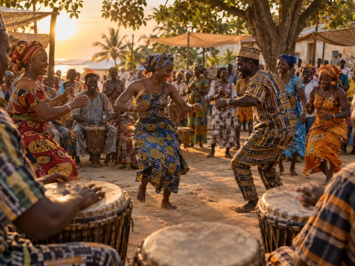 Community drummers and dancers celebrating at golden hour