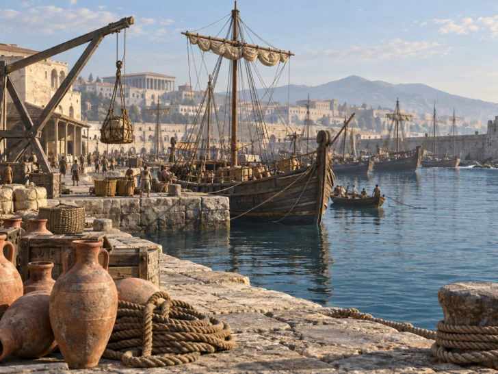 Merchant ships and amphorae fill a reconstructed ancient Mediterranean harbor.