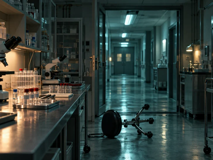 Empty research laboratory with microscopes and an overturned stool