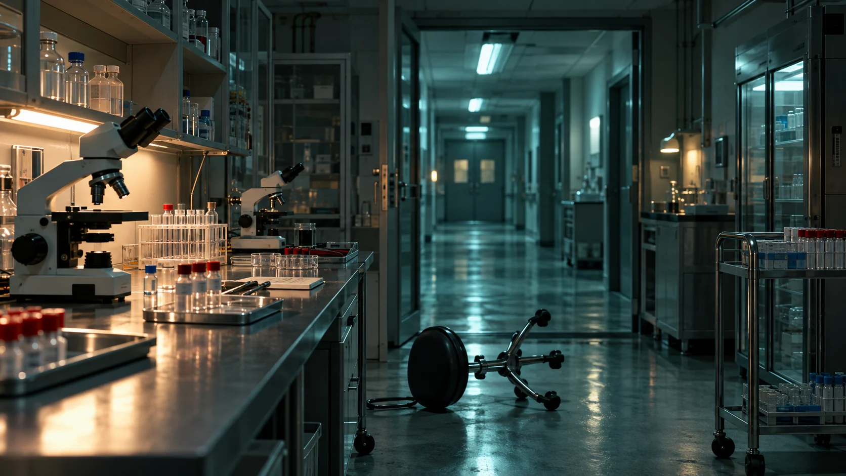 Empty research laboratory with microscopes and an overturned stool