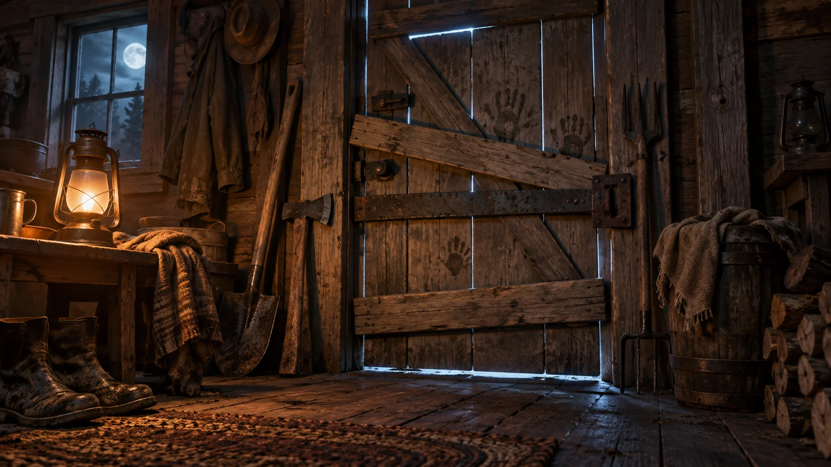 Farmhouse door reinforced with planks beside a glowing lantern