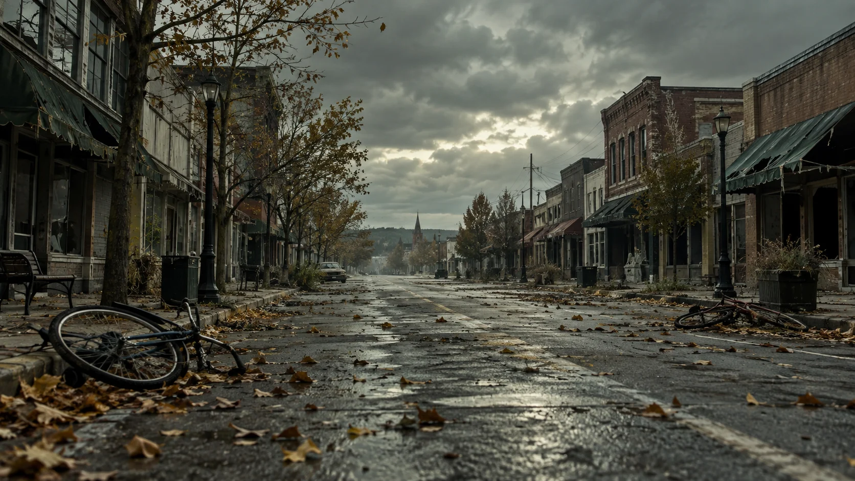 Deserted small-town main street with abandoned bicycles and fallen leaves