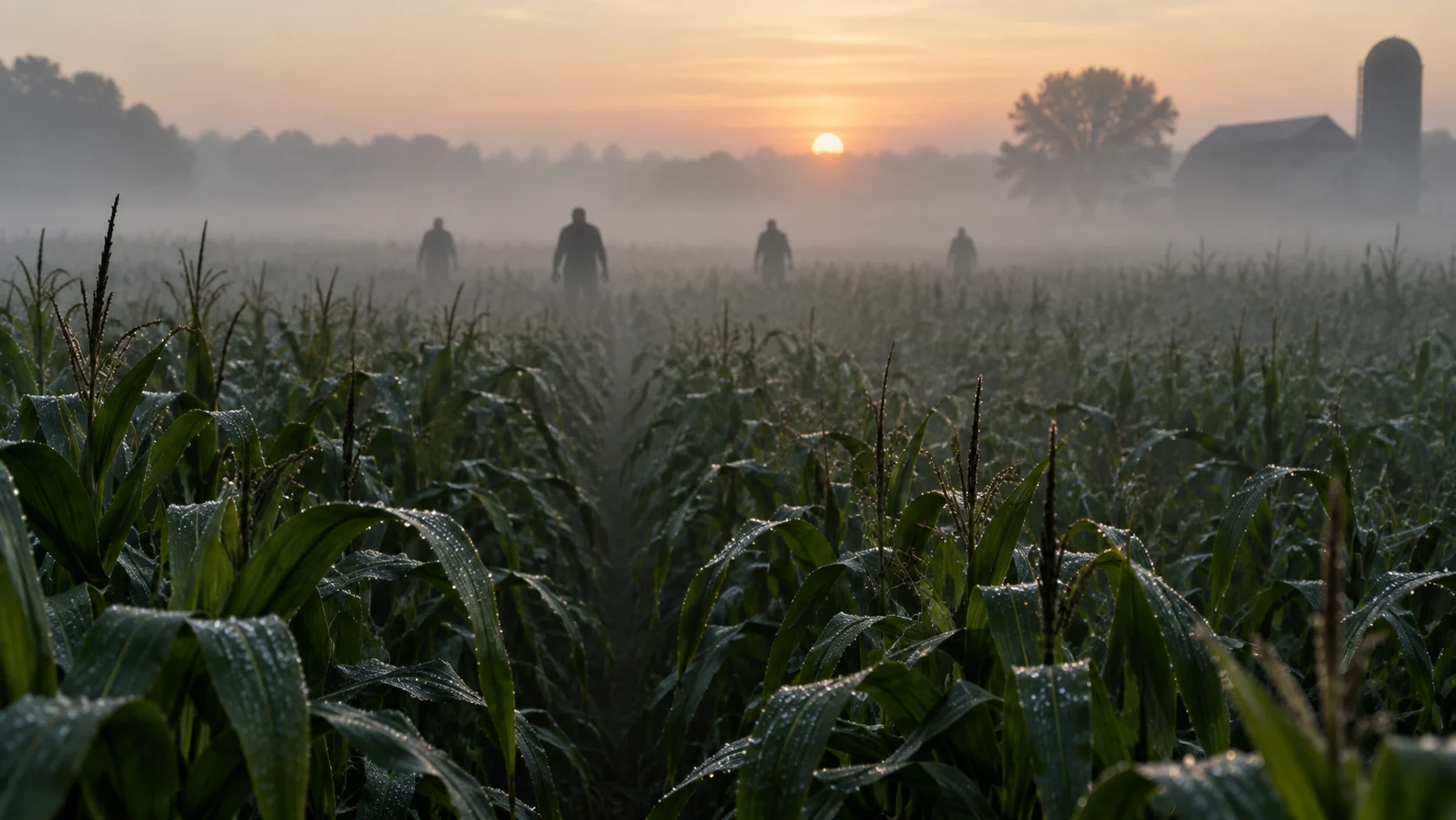 Four distant silhouettes crossing a foggy cornfield at dawn
