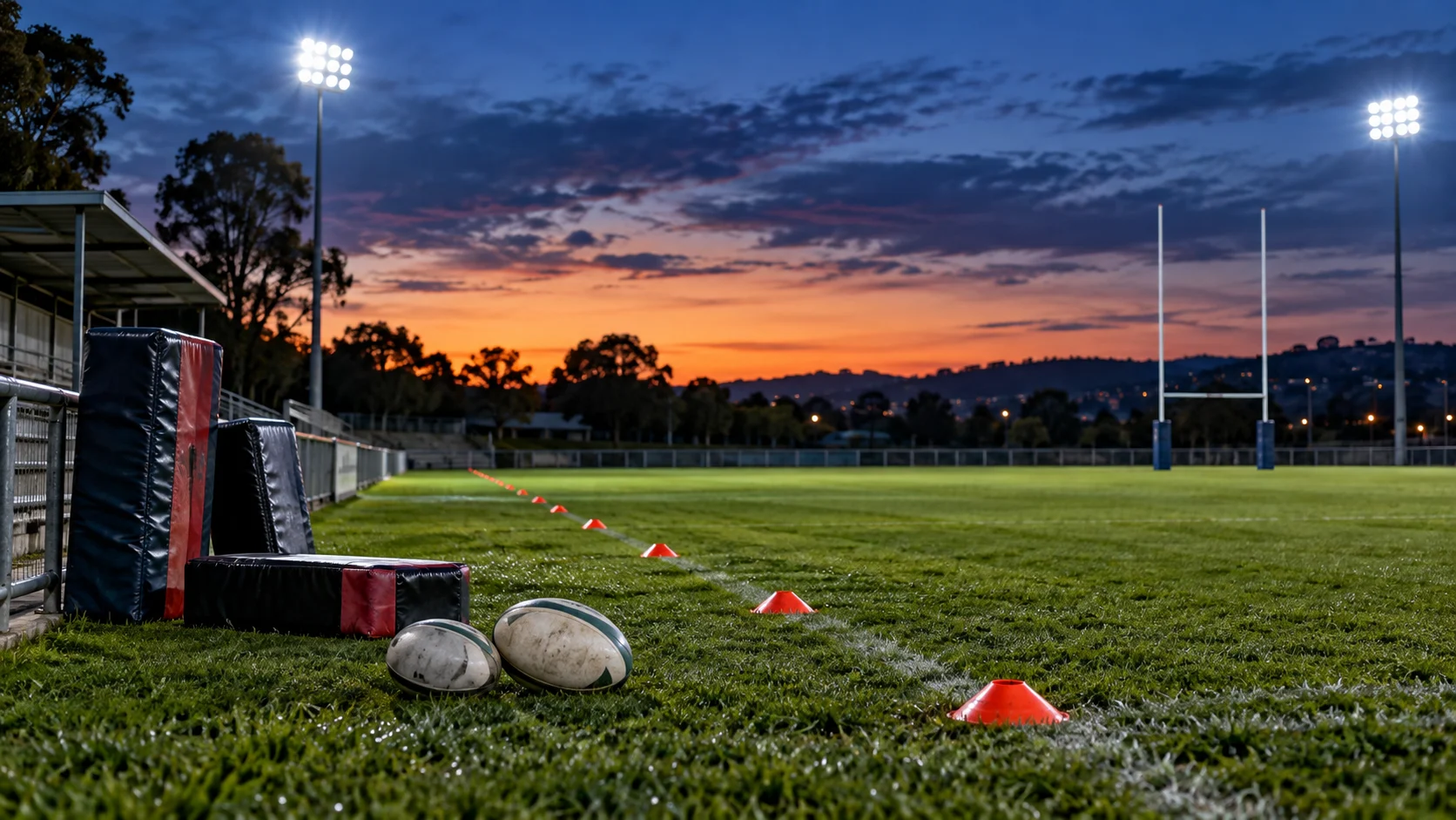 Rugby league training ground with tackle pads, cones, balls, and stadium lights
