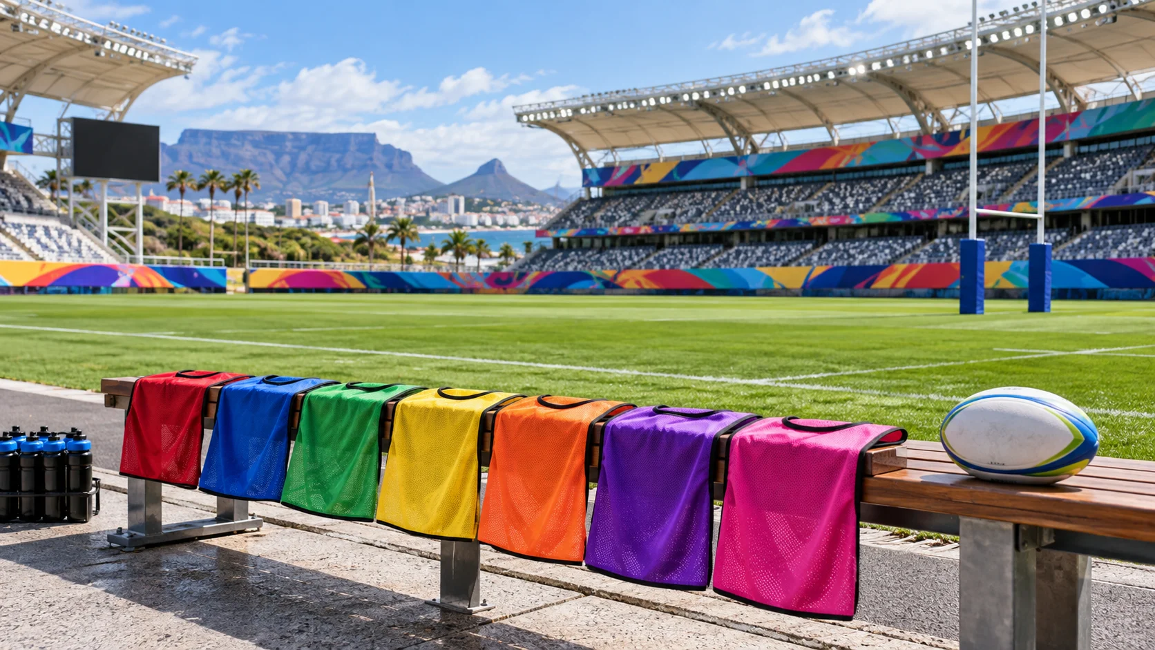 Rugby sevens stadium with colored training bibs, ball, and goalposts