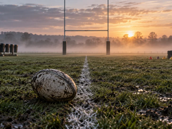 Misty rugby pitch at dawn with oval ball, goalposts, scrum sled, and cones