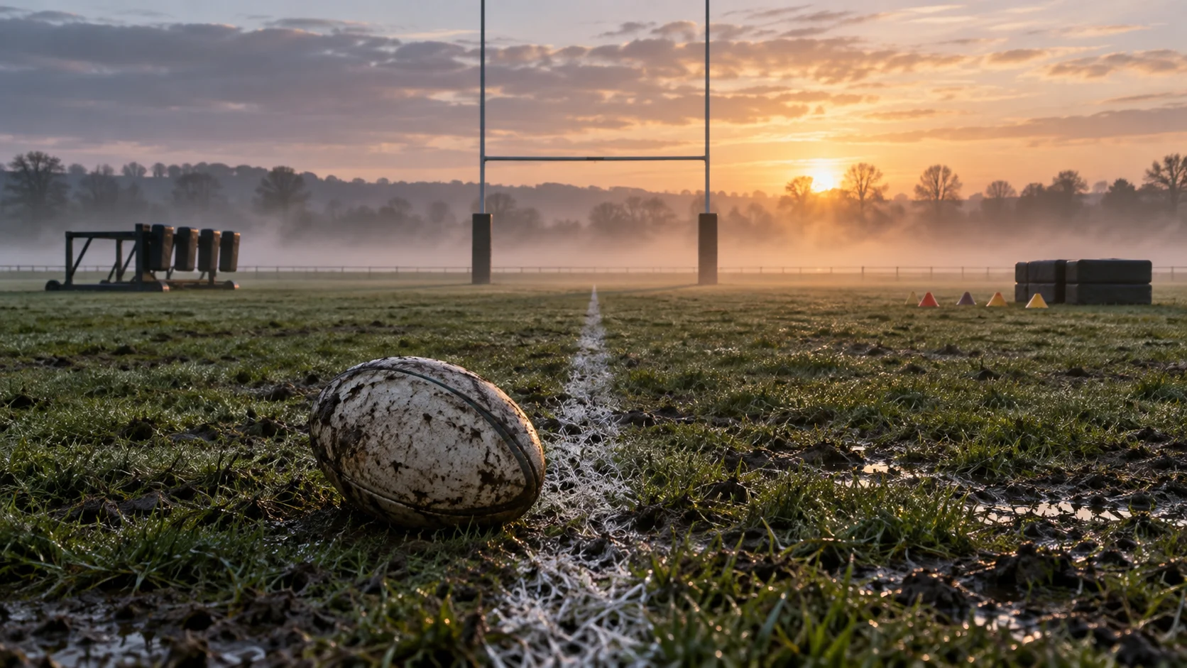 Misty rugby pitch at dawn with oval ball, goalposts, scrum sled, and cones