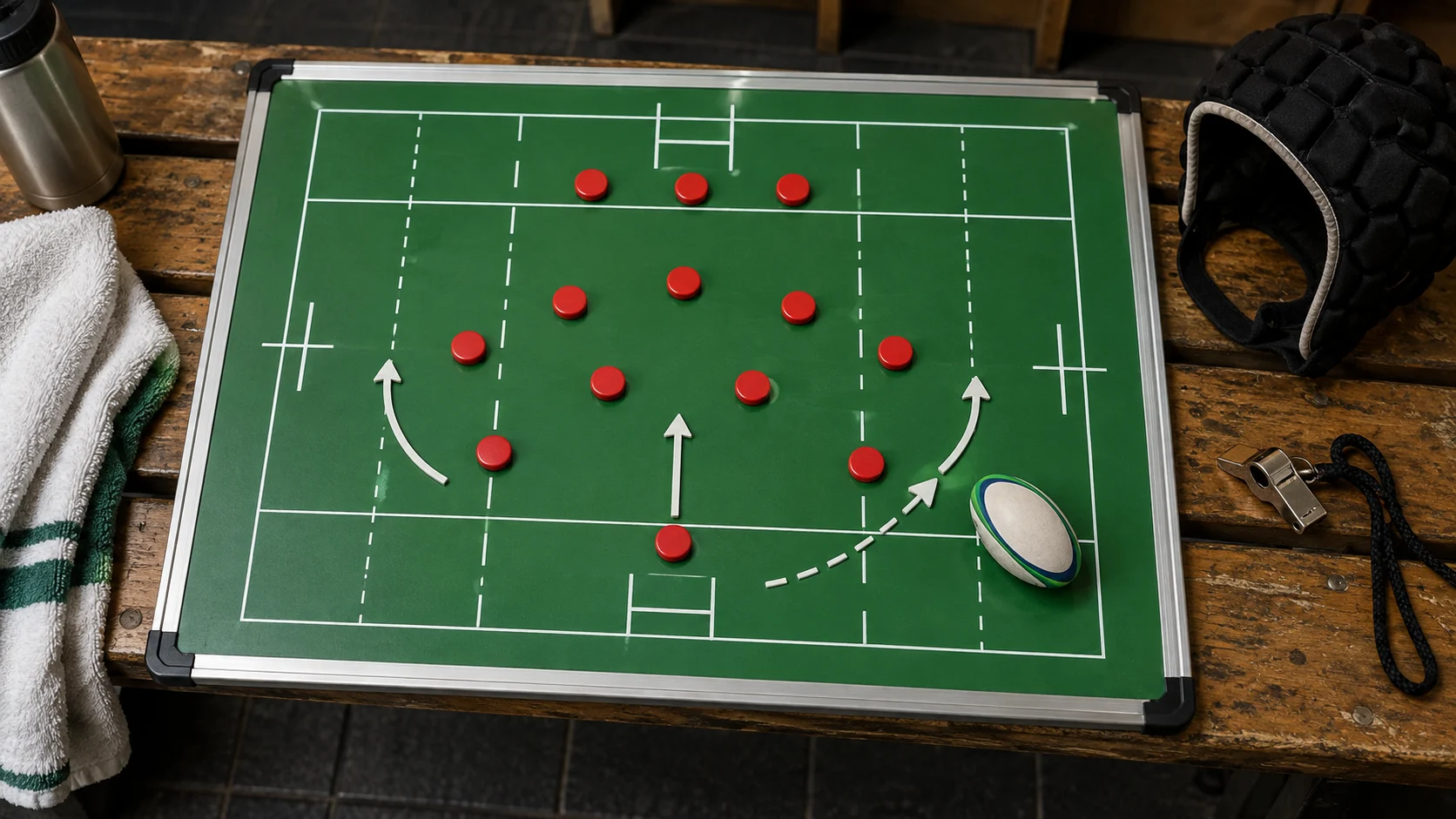 Rugby union tactics board with position markers, ball, whistle, and scrum cap