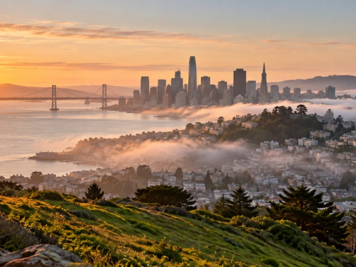 Morning fog threads through San Francisco beneath a glowing skyline