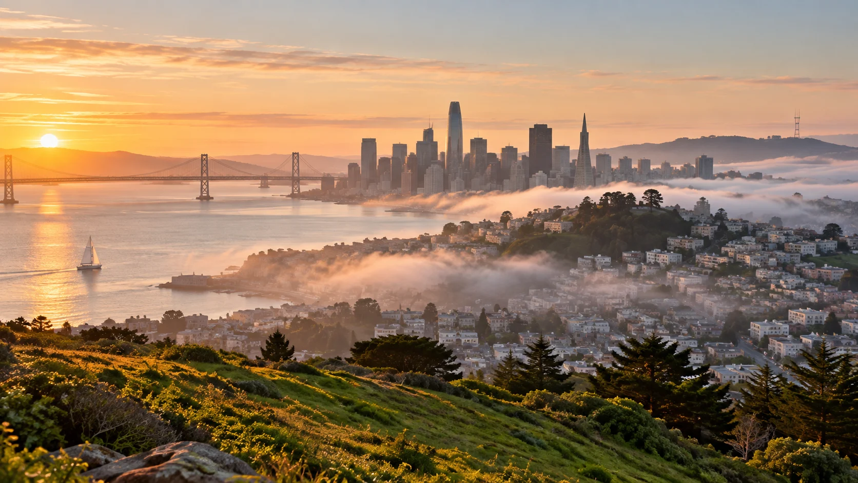 Morning fog threads through San Francisco beneath a glowing skyline