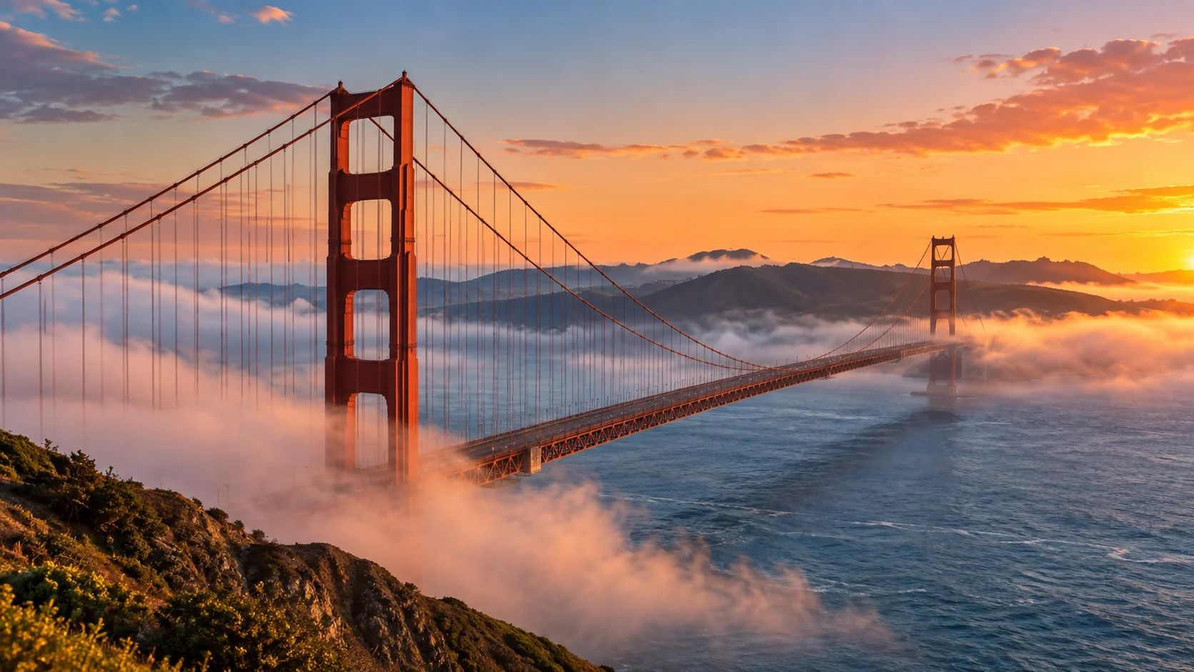 The Golden Gate Bridge rises above coastal fog at sunset